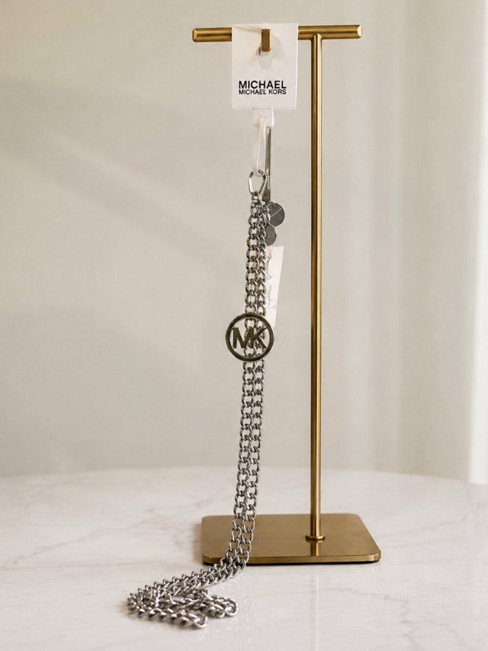 Michael Kors Silver Chain Belt MK Logo Medallion S/M NWT